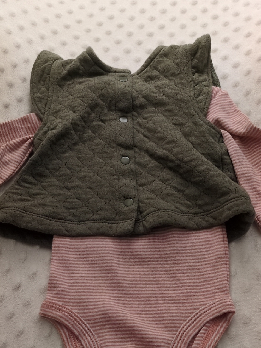 Carter's Olive Green Quilted Vest with Pink Striped Onesie, 3m